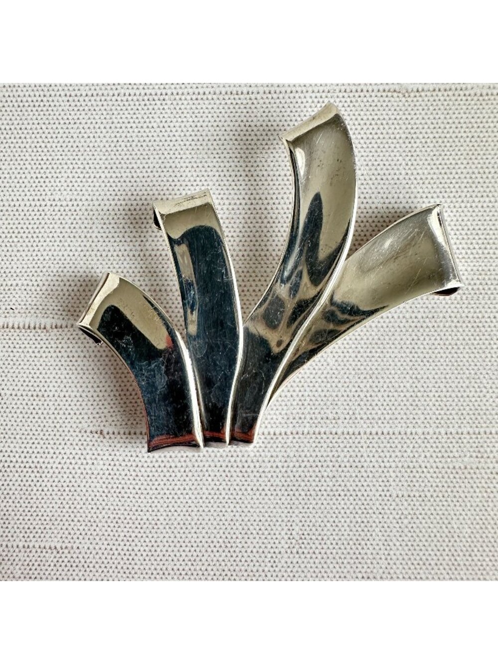 Sterling Silver Modernist Brooch Triple Ribbon Fan Form 1950s 2.5"